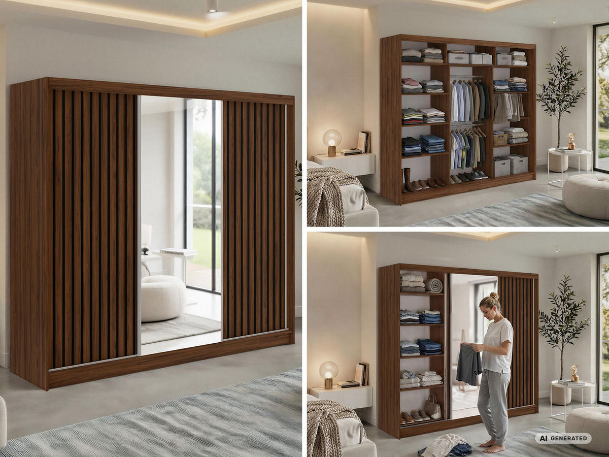 SCHWEBETÜRENSCHRANK mit Spiegel LAOS - 240 - Warmia Walnuss - Schwarz Lamellen - Walnussfarben/Alufarben, Holzwerkstoff/Metall (240/216/61cm) - MKS