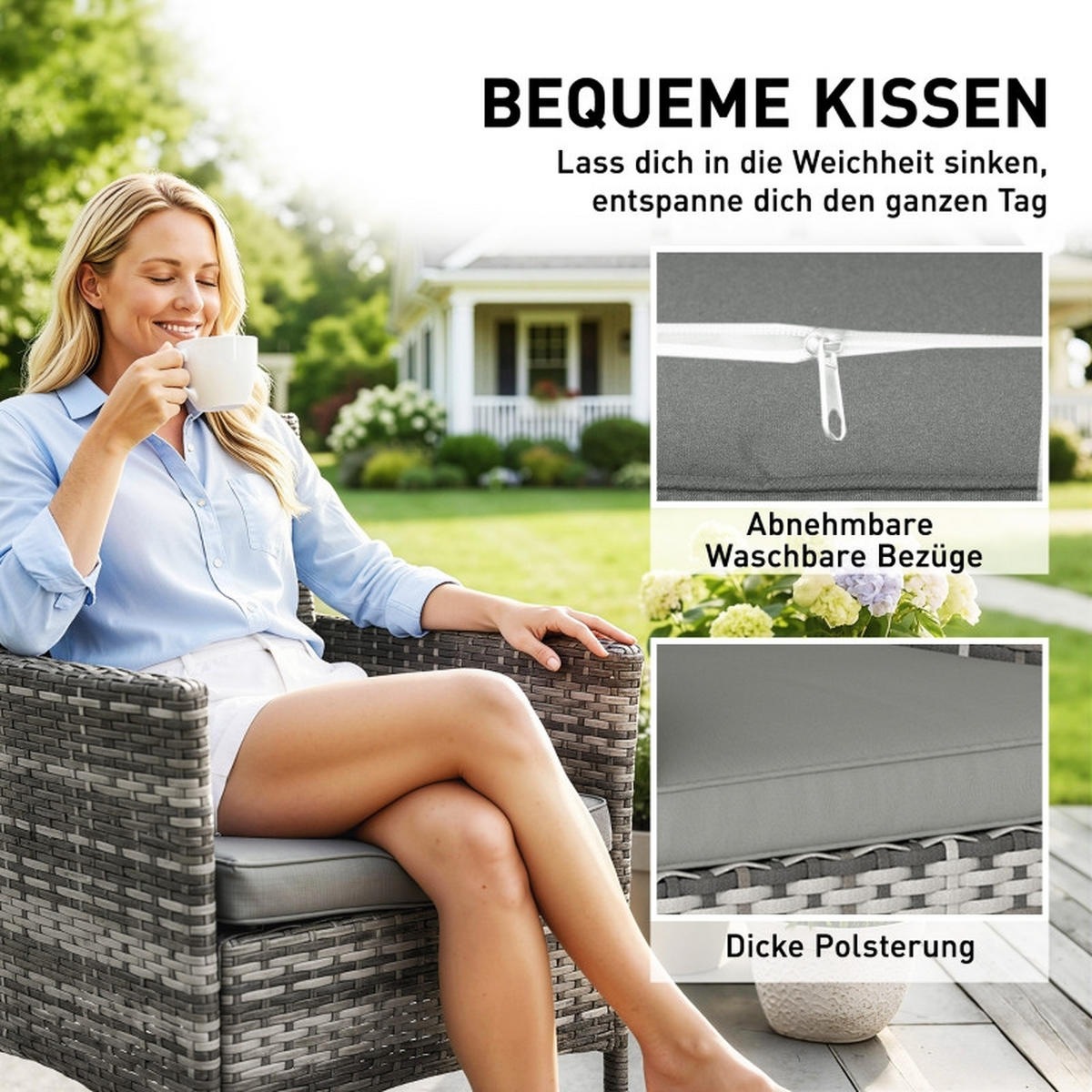 GARTENSTUHL 2er Set Polyrattan Kissen Stahlrahmen grau - Grau, Naturmaterialien (62/87/58cm) - LEBENLANG