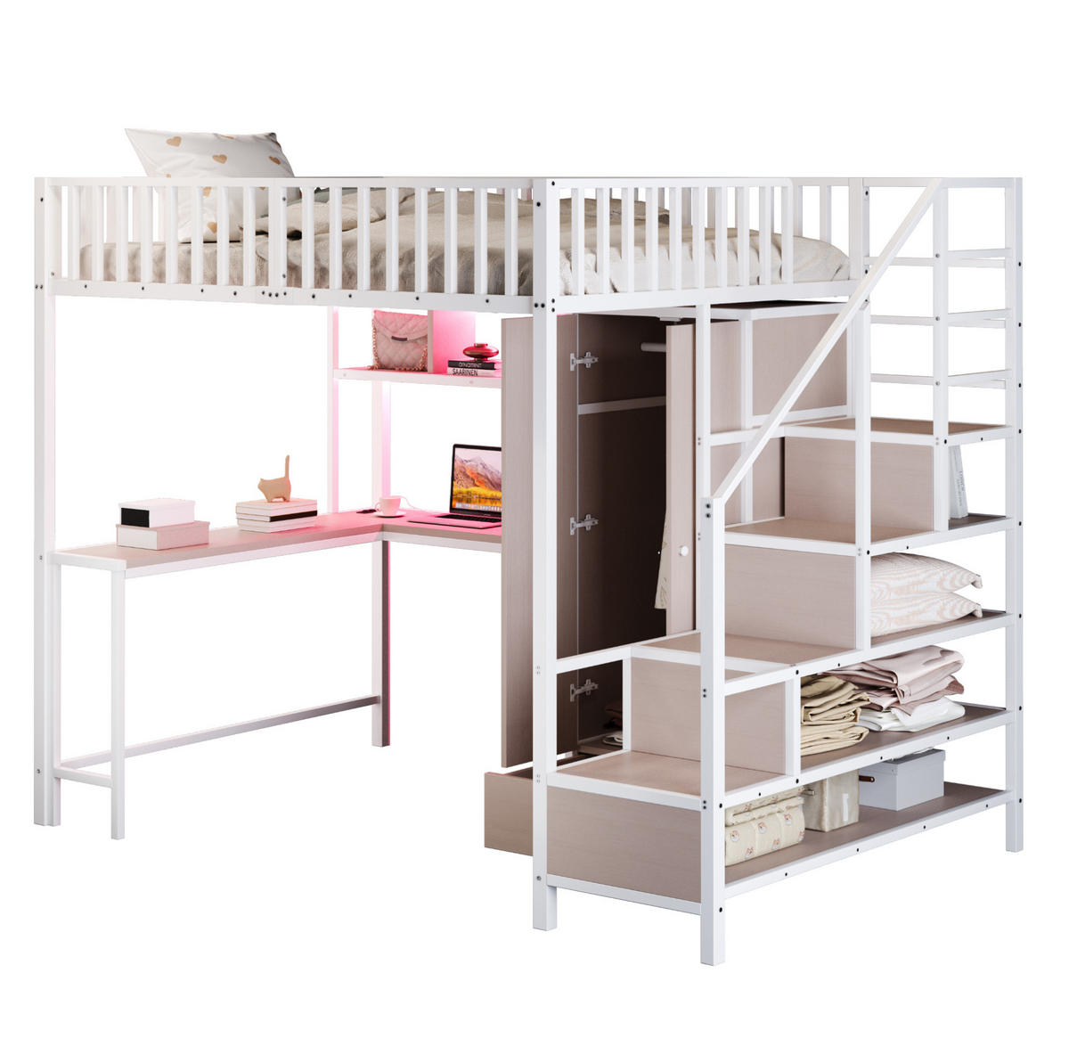 HOCHBETT aus Metall 140x200 cm Weiß mit Schreibtisch, Kleiderschrank, LED-Beleuchtung, USB-/Typ-C-Anschlüssen und Stauraumleiter - Weiß, Metall (90/200cm) - Modfu