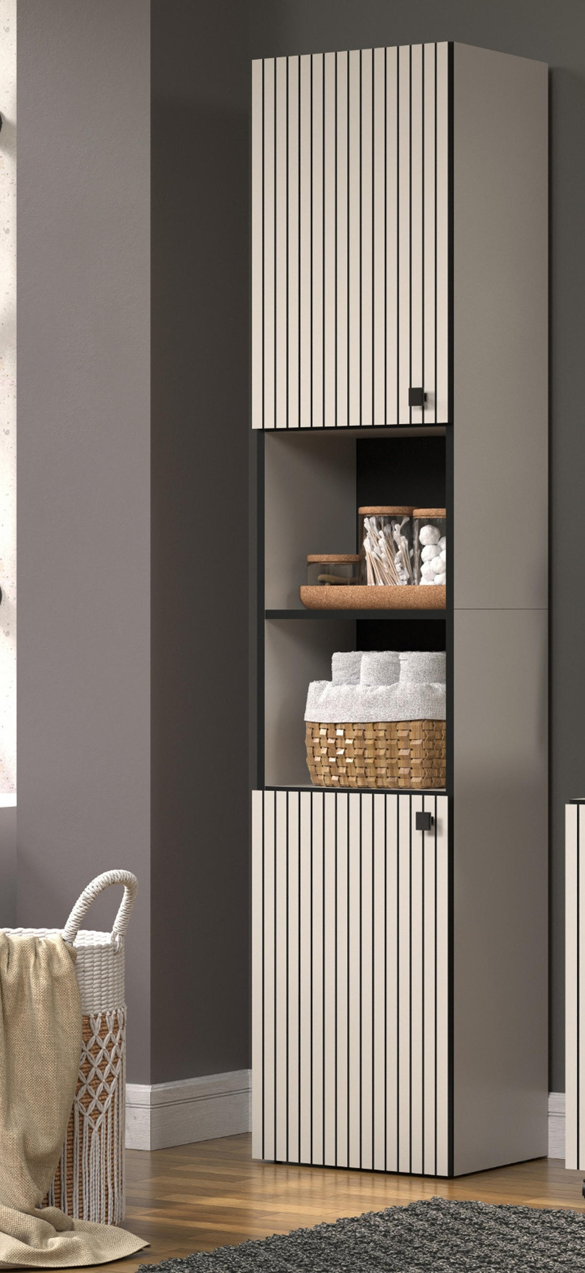 HOCHSCHRANK Kaschmir, grau 40 x 186 cm, Badschrank 2-türig - Kaschmir/Schwarz, Holzwerkstoff/Metall (40/186/31cm) - Top.Furn