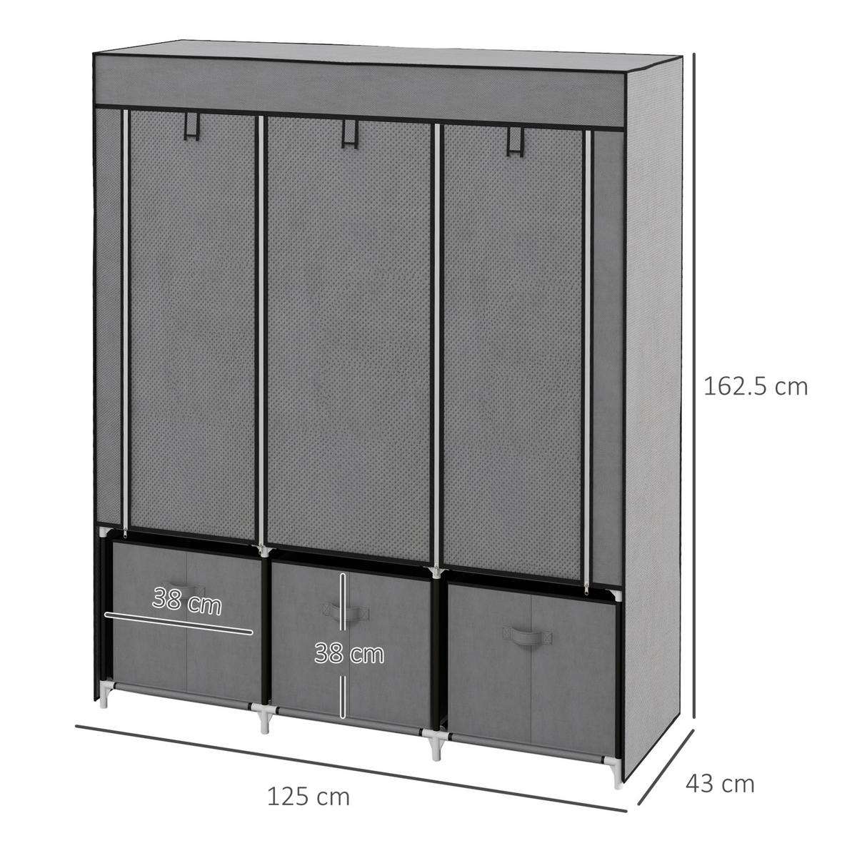 KLEIDERSCHRANK aus Stahl 125x43x162,5 cm Dunkelgrau mit Reißverschluss, 2 Kleiderstangen und 3 Stoffschubladen - Dunkelgrau, Metall (125/162.5/43cm) - Modfu