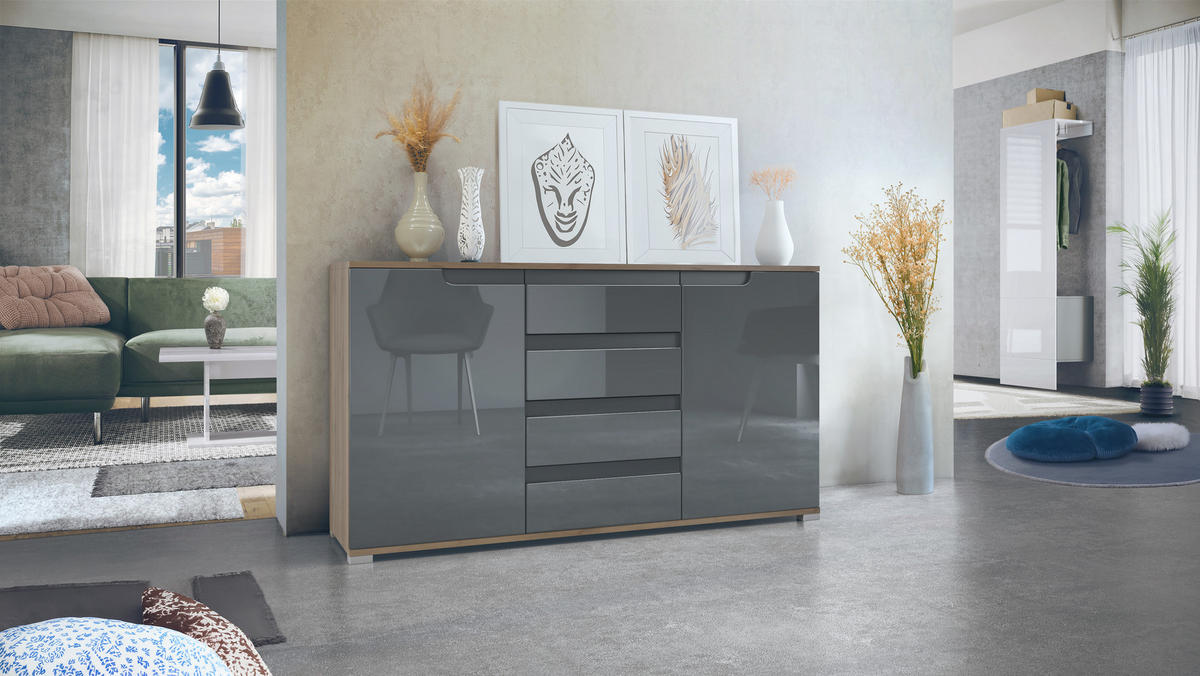 SIDEBOARD Sylt Grau Hochglanz / Anthrazit matt - Grau, Holzwerkstoff (138.5/75.5/35cm) - Vladon