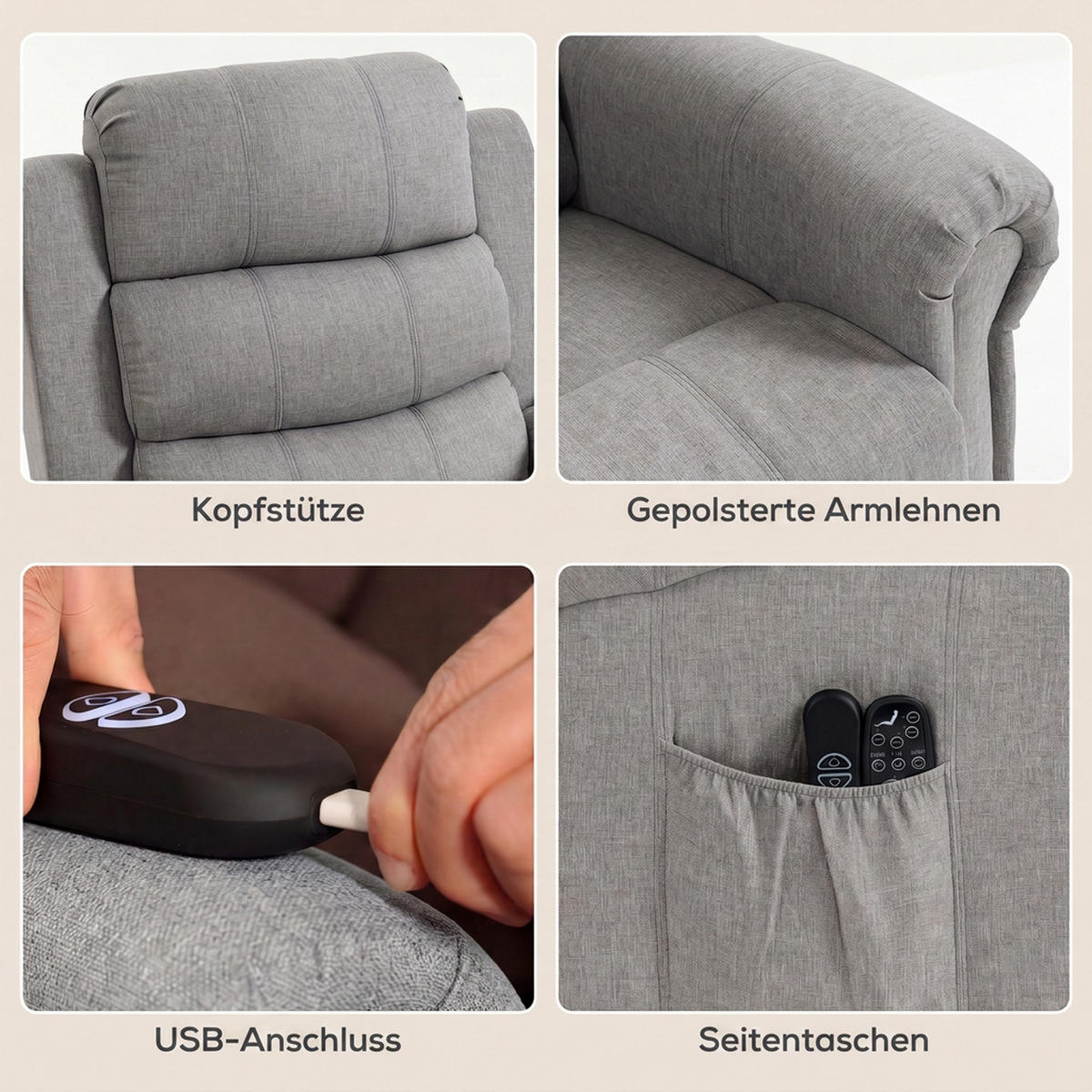 RELAXSESSEL Polyester Hellgrau - Beige/Hellgrau, Textil/Metall (87/108/87.5cm) - HOMCOM