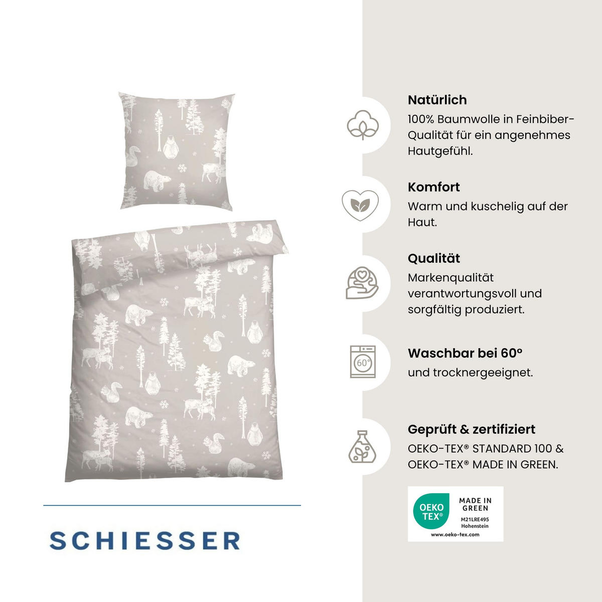 BETTWÄSCHESET Nordic - Feinbiber - 2-teilig - 135 x 200 cm - Greige - Greige, Textil (135/200cm) - SCHIESSER