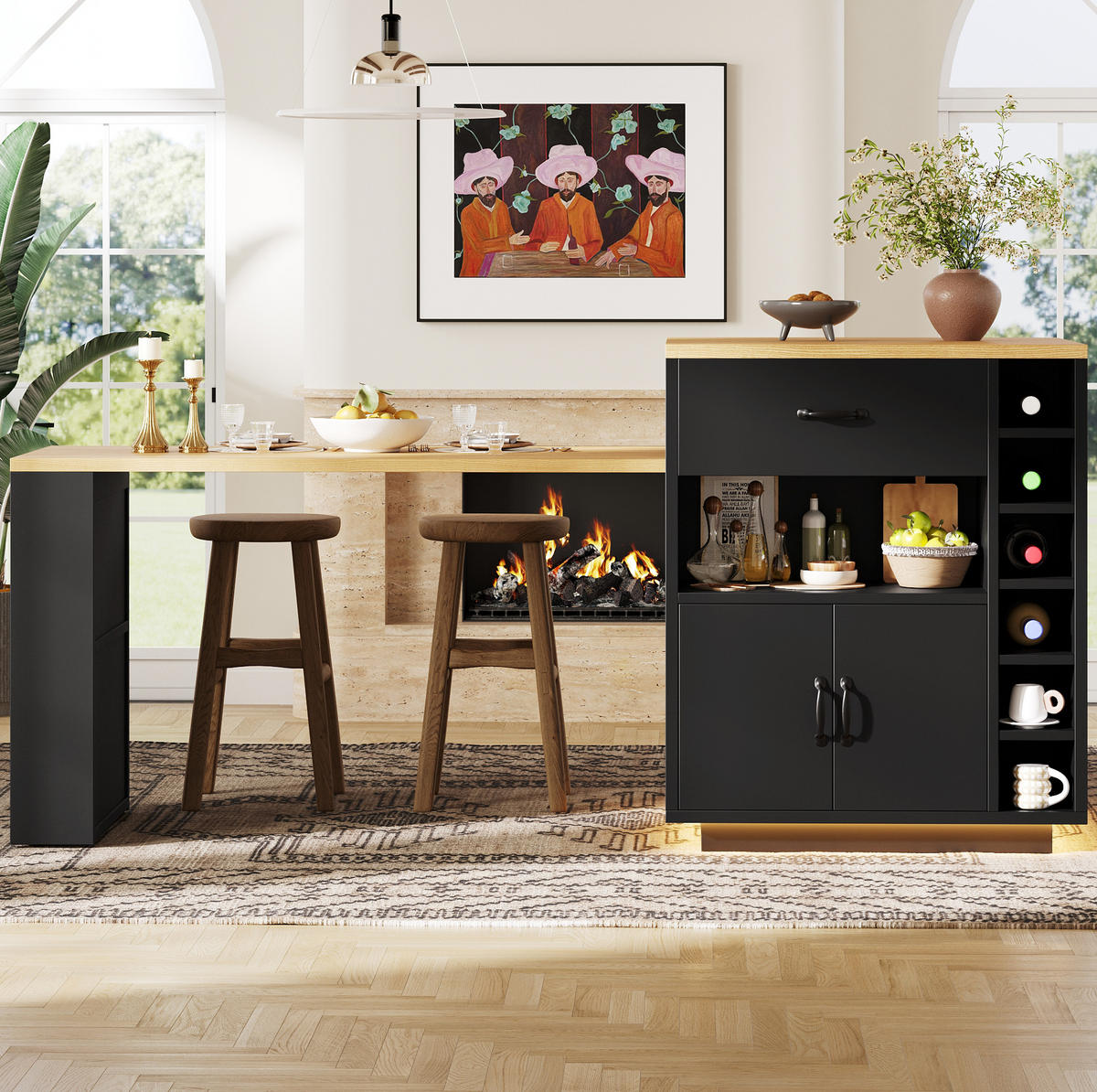 KÜCHENINSEL aus MDF 80x70x95,5 cm Schwarz mit Ausziehtisch, Weinregal und großem Stauraum - Schwarz, Holzwerkstoff (80/95.5/70cm) - Modfu
