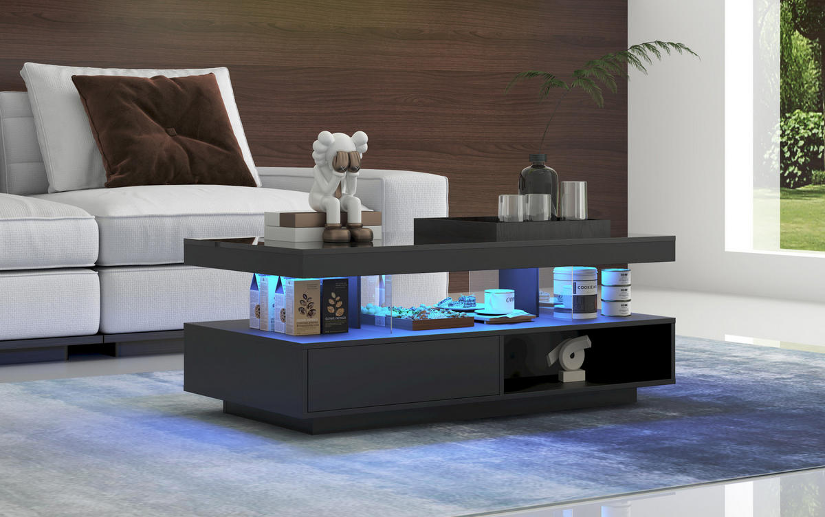 COUCHTISCH 95/50 cm mit 2 Schubladen, 2 offenen Fächern und LED-Beleuchtung - Schwarz, Holzwerkstoff (95/50/42.5cm) - BEAOK