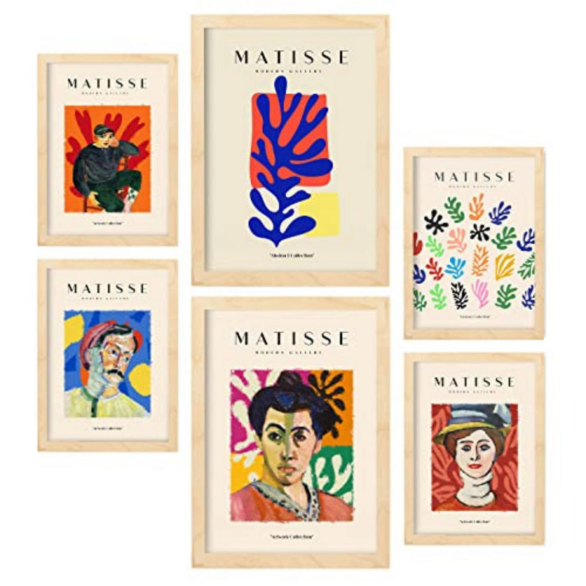 POSTER Set Mit 6 Henri Matisse Bilder Drucke Des Fauvismus Und Der Abstrakten Kunst Für Innenarchitektur A3 & A4 Rahmen Aus Hellem Holz - Beige, Papier (29/3cm) - Nacnic