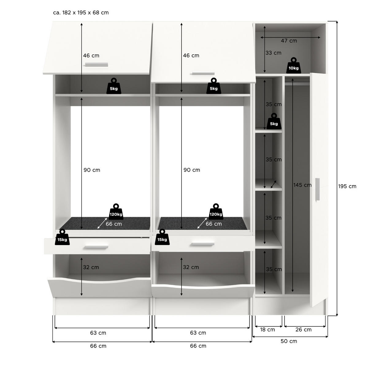 WASCHMASCHINENSCHRANK weiß Set 3-teilig, Waschmaschinenumbau 182 cm mit viel Stauraum - Silberfarben/Weiß, Glas/Holzwerkstoff (182/195/68cm) - Inn.Furn
