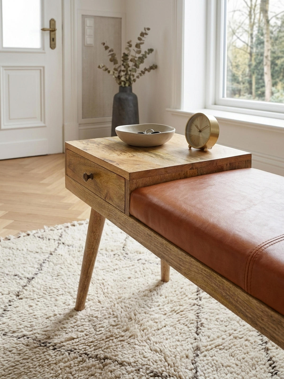 SITZBANK Retro Stil Stauraum Ziegenleder Bezug, Braun 100x38x52 cm - Braun, Leder/Holz (100/52/38cm) - KADIMA DESIGN