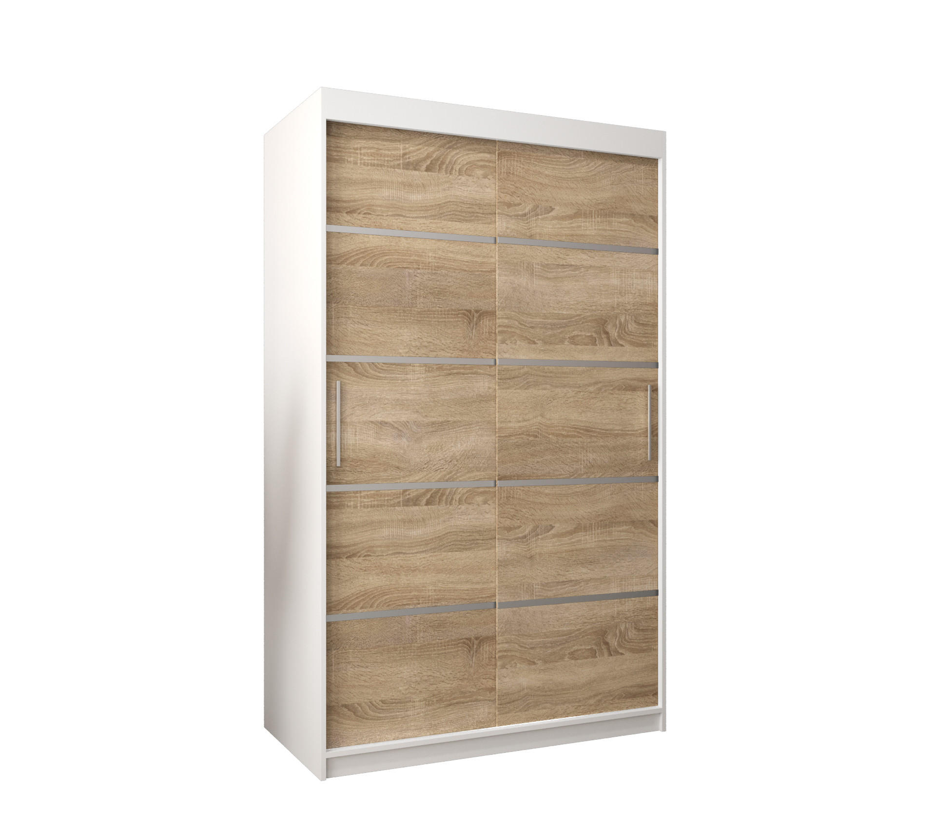Möbel Kryspol Schwebetürenschrank Weiß, Sonoma Eiche, Silber 120x200x62 cm