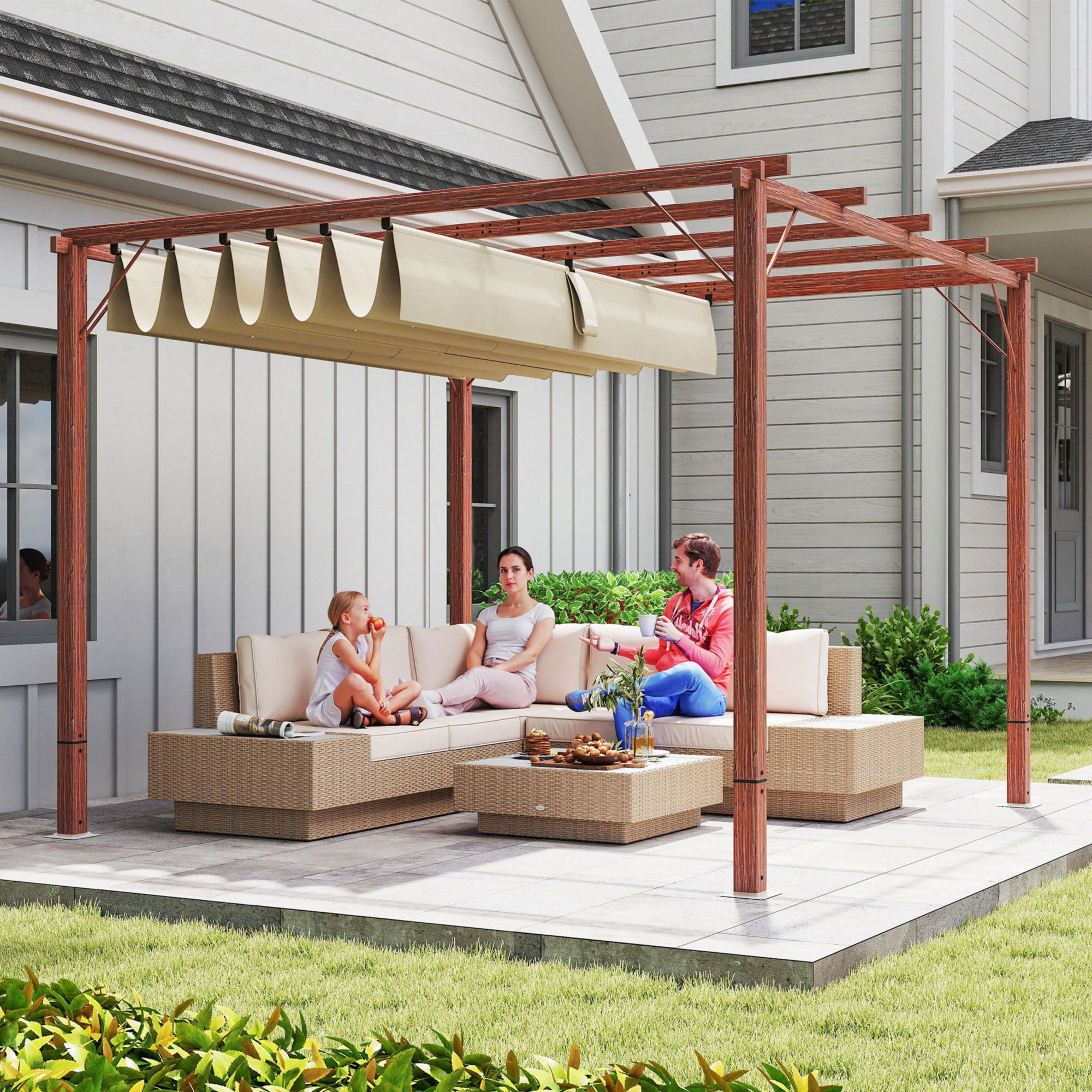 Thumbnail - Outsunny Pergola, Natur, Metall, 296x232x299 cm, Sonnen- & Sichtschutz, Pavillons & Pergolas, Pergolas