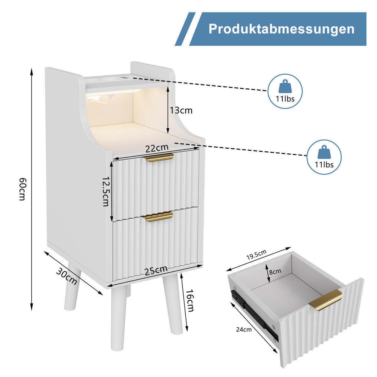 NACHTTISCH 2er Set mit LED-Beleuchtung & Ladestation, Bettseitentisch mit 2 Schubladen, in Weiß, 25/30/60 cm - Goldfarben/Weiß, Holz/Metall (30/60/25cm) - BPKADHY