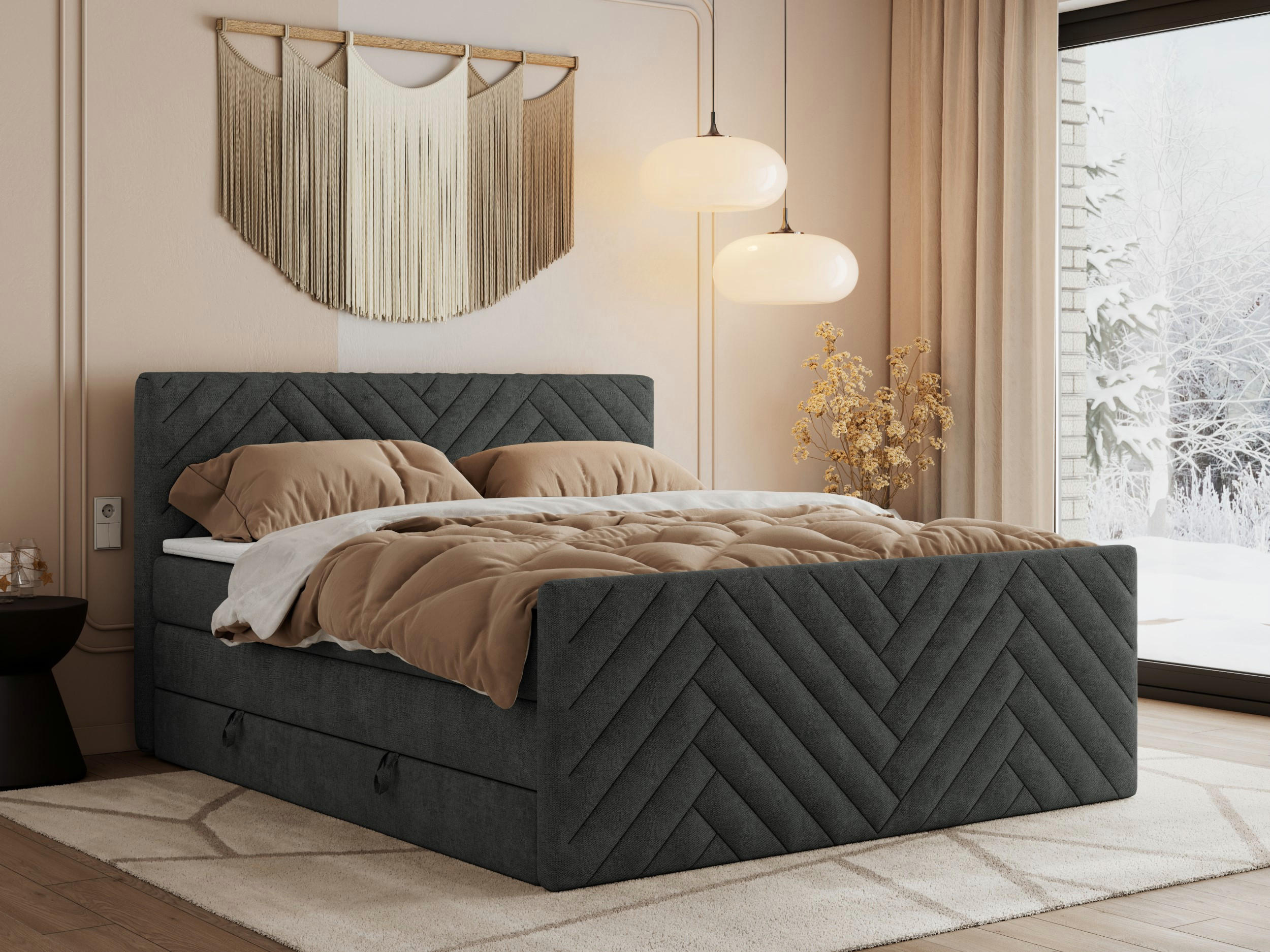 BOXSPRINGBETT PARIS KING DUO - 120/200 - Dunkelgrau Struktur - H3 - Dunkelgrau, Holz/Textil (120/200cm) - MKS