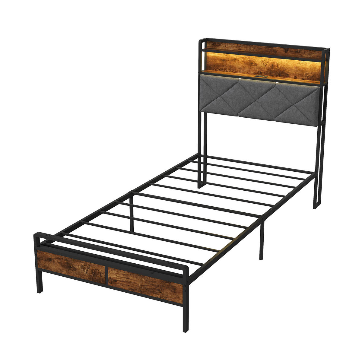 METALLBETT 90x200 cm mit LED, USB & Ablage, Grau - Grau, Metall (90/200cm) - EuroLiving