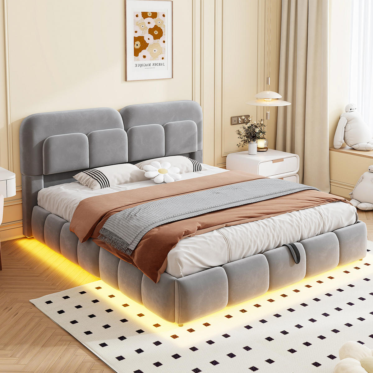 POLSTERBETT 140/200 cm in Grau mit Bettkasten, LED und Lattenrost aus Samt und Metall - Grau, Holzwerkstoff/Textil (140/200cm) - STILVORA