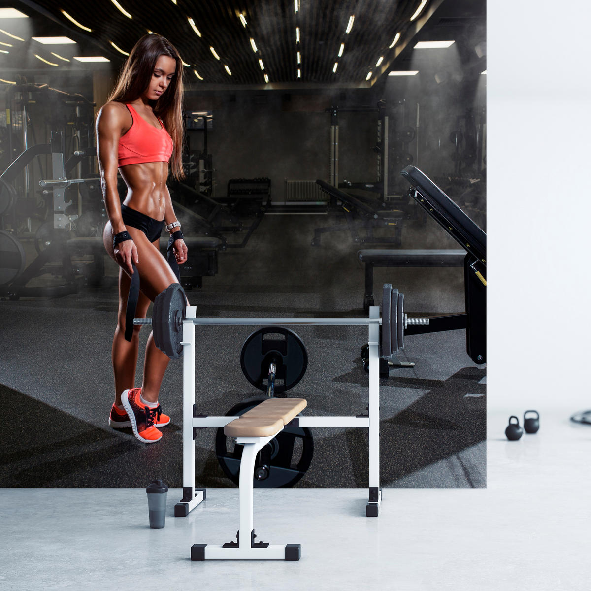 FOTOTAPETE Fit Frau Gym Langhantel Kraft Sport Fitnessstudio 400x280 - Schwarz/Braun, Papier (400/280cm) - Muralo