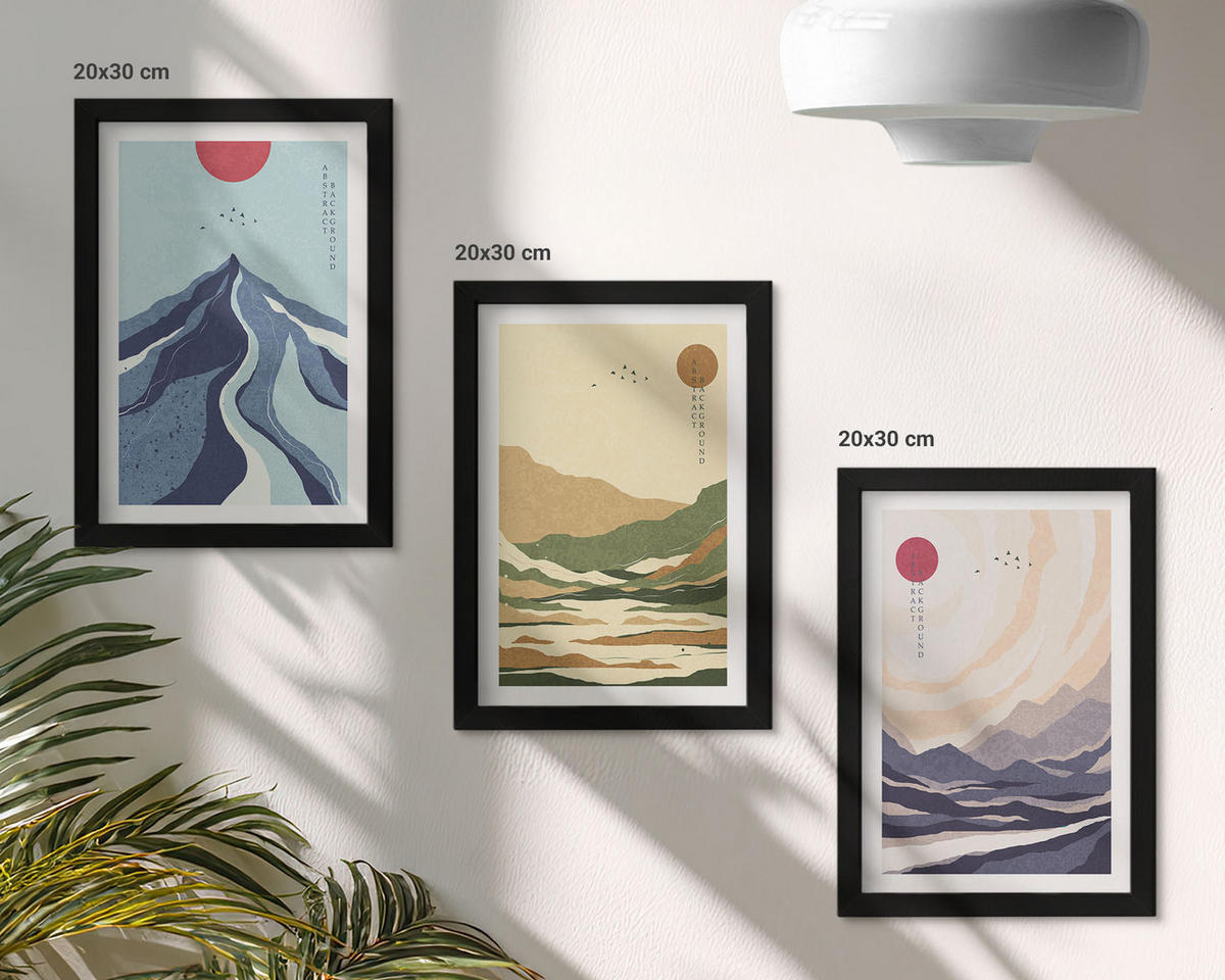 WANDBILDER 3er-Set - 20x30 cm Schwarzer Rahmen - Pastellfarbene Berge im Japandi-Stil - Schwarz, Kunststoff (20/30cm) - ArtPrintCave