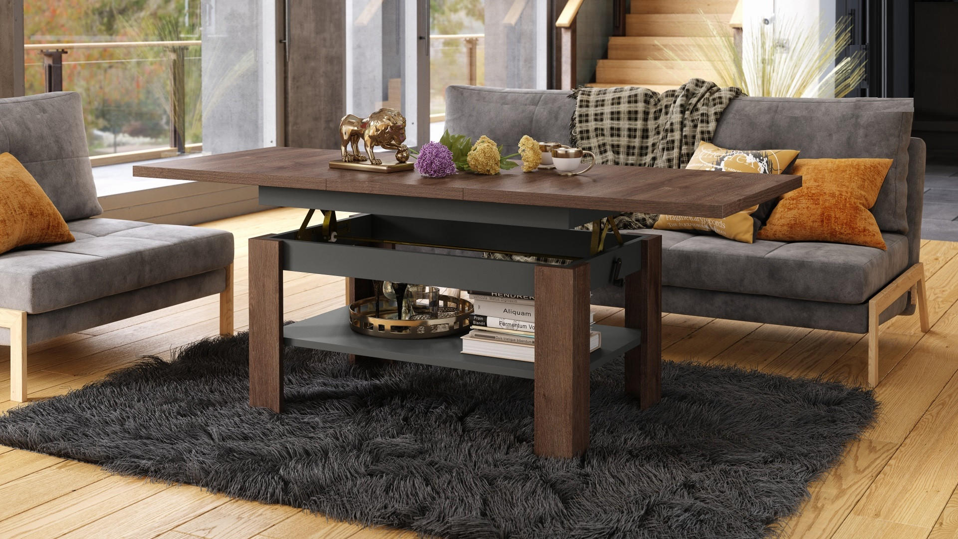 COUCHTISCH rechteckig Eiche dunkel - Anthrazit ausziehbar höhenverstellbar - Anthrazit/Braun, Holzwerkstoff (65/130/58cm) - designimpex