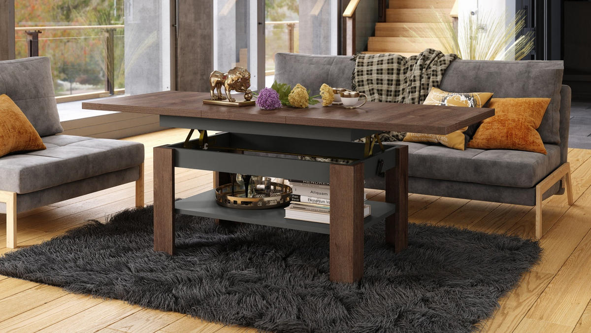 COUCHTISCH rechteckig Eiche dunkel - Anthrazit ausziehbar höhenverstellbar - Anthrazit/Braun, Holzwerkstoff (65/130/58cm) - designimpex