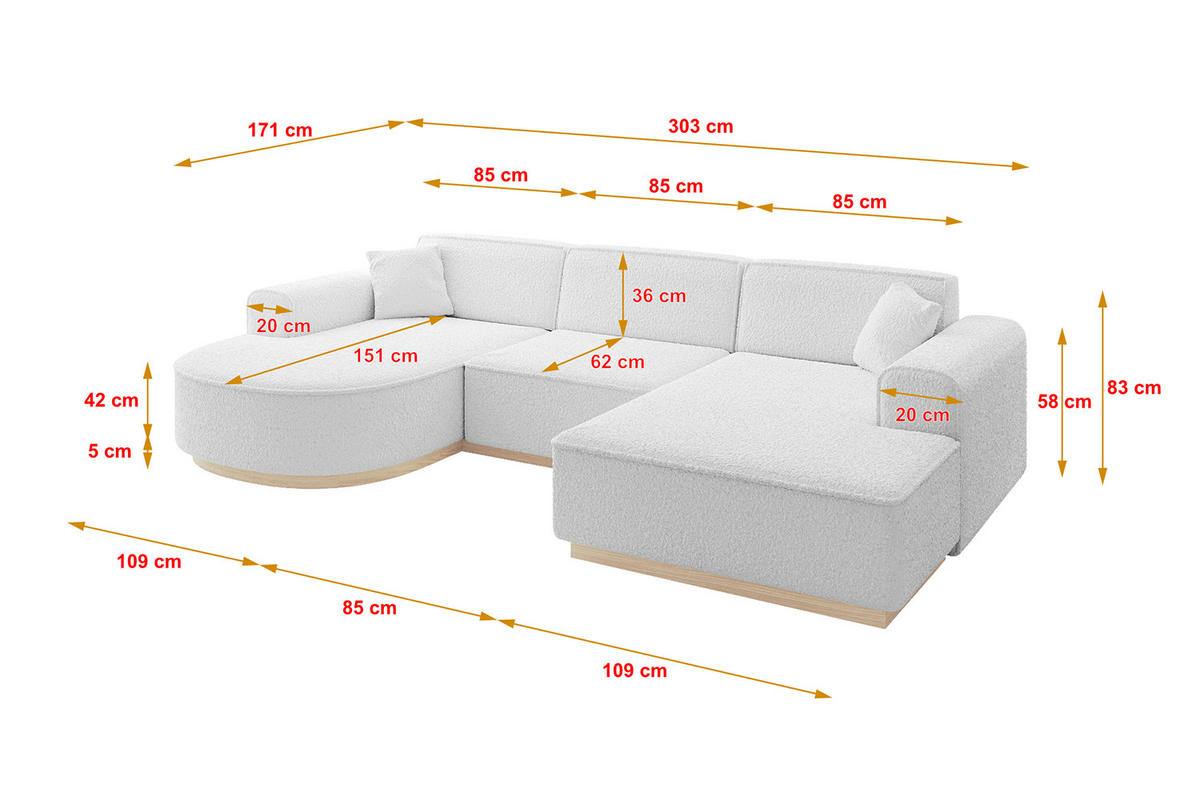 WOHNLANDSCHAFT ARRIO-U1 303x171x83 cm Weiß - Weiß, Holzwerkstoff/Textil (303/83/171cm) - ALTDECOR