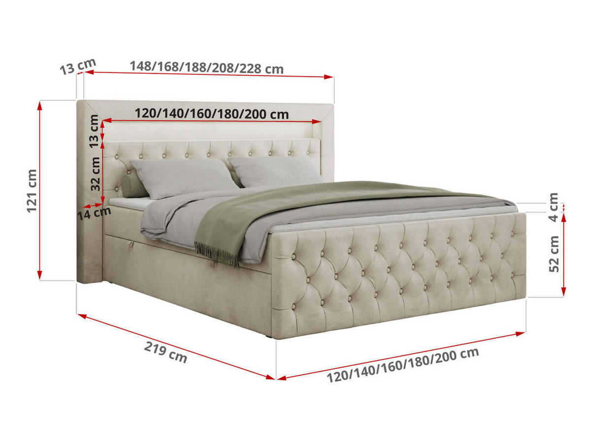 BOXBETT GOLD-9 LED 140/200 Beige Velvet - H3 - Beige, Holz/Textil (140/200cm) - MKS