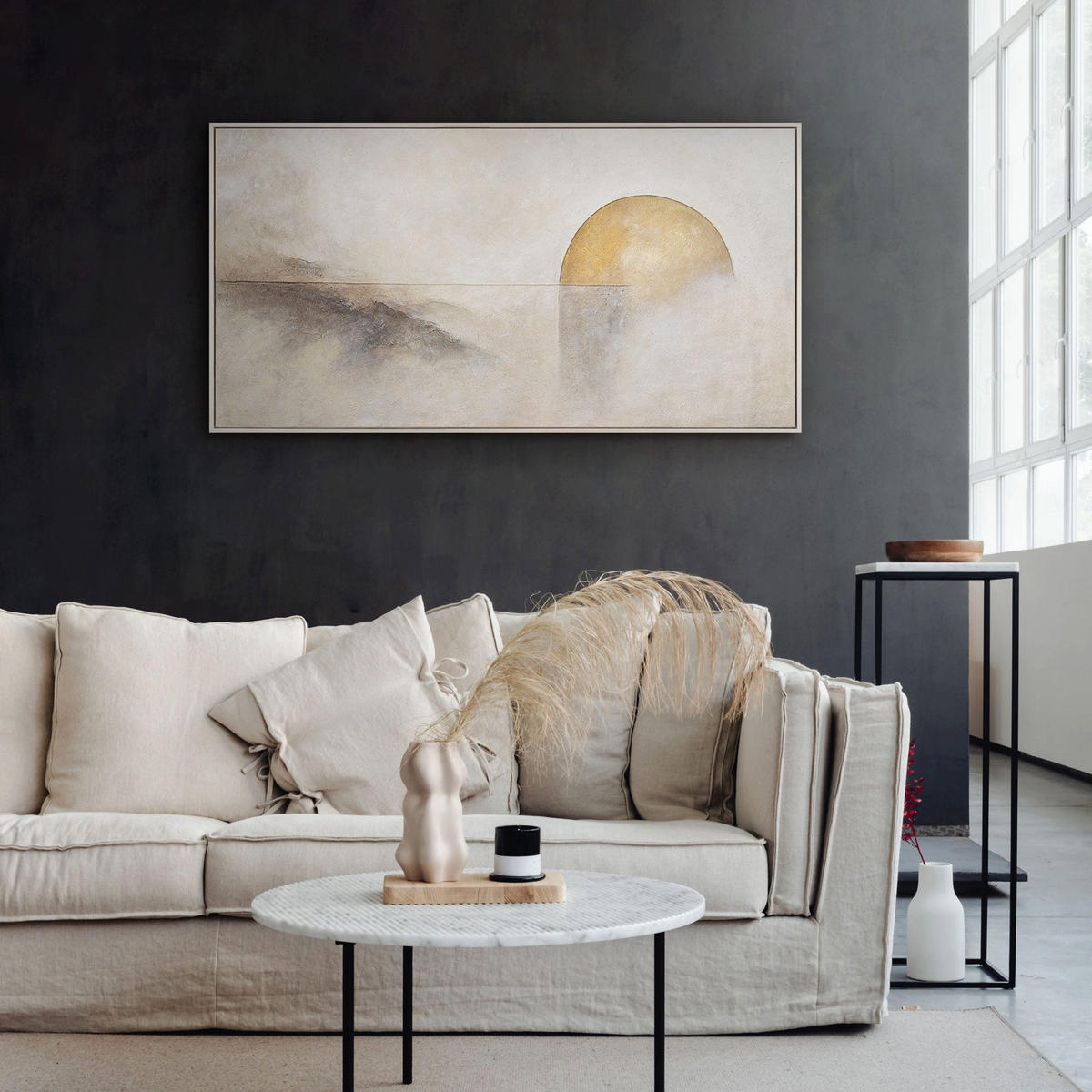 GEMÄLDE Horizontlinie Schattenfugenrahmen Beige 140x70 cm - Beige, Holz (140/70cm) - YS-art gallery