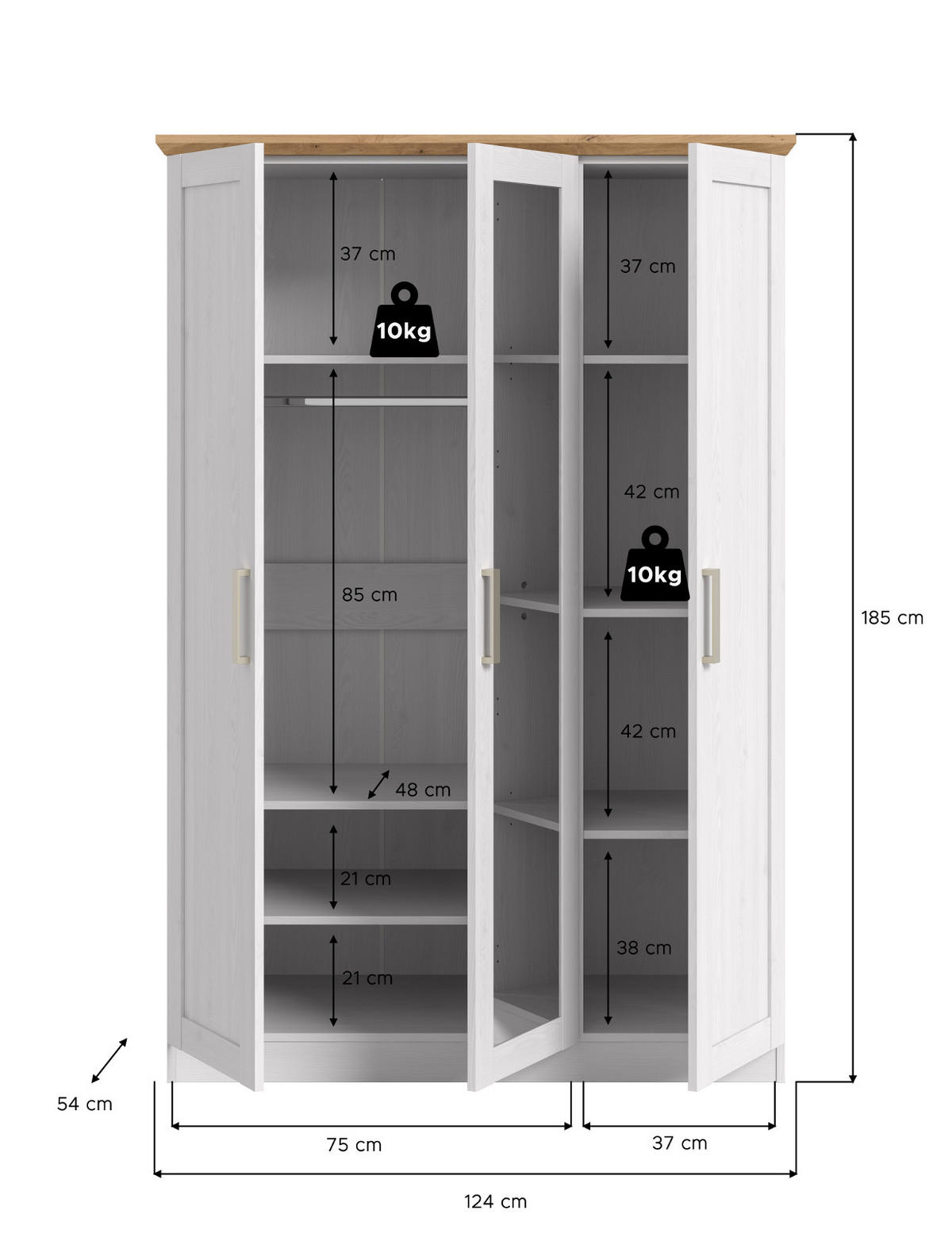 KLEIDERSCHRANK weiß Lärche, Eiche Artisan 3-türig 124 cm, Drehtürenschrank im Landhaus-Stil - Beige/Lärchefarben, Glas/Holzwerkstoff (124/185/54cm) - Inn.Furn