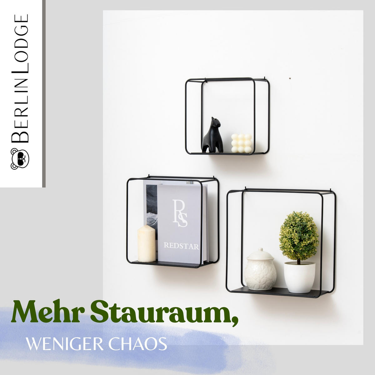 WANDREGAL 3er Set aus Metall Wanddeko und Ablage - Schwarz, Metall (32/32/12cm) - BERLINLODGE