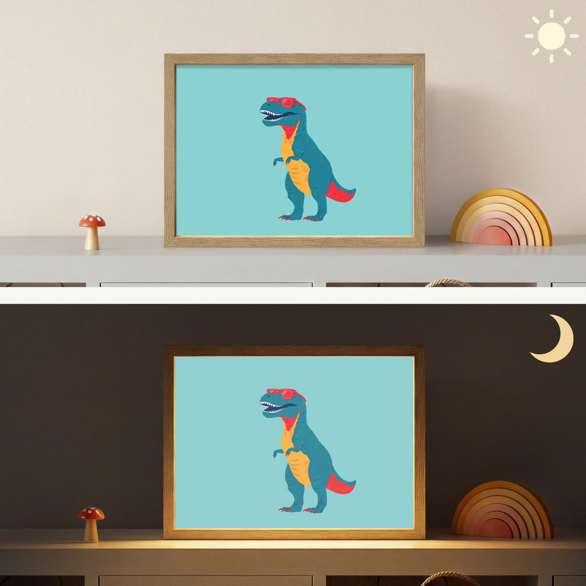 NÁSTĚNNÁ LAMPA S AKUMULÁTOREM Dinosaurus - Modrá - Sluneční brýle 40x30 cm - světle modrá, kompozitní dřevo (40/30/8cm) - OnlyWow