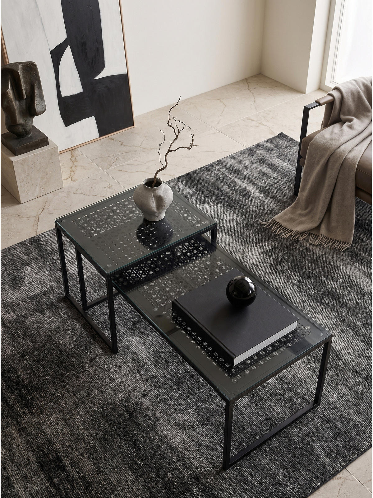 SOFATISCHE 2er-Set ALCUDIA, Einscheibensicherheitsglas, Schwarz, 100 x 40 x 35 cm - Schwarz, Glas/Metall (40/100/35cm) - KADIMA DESIGN
