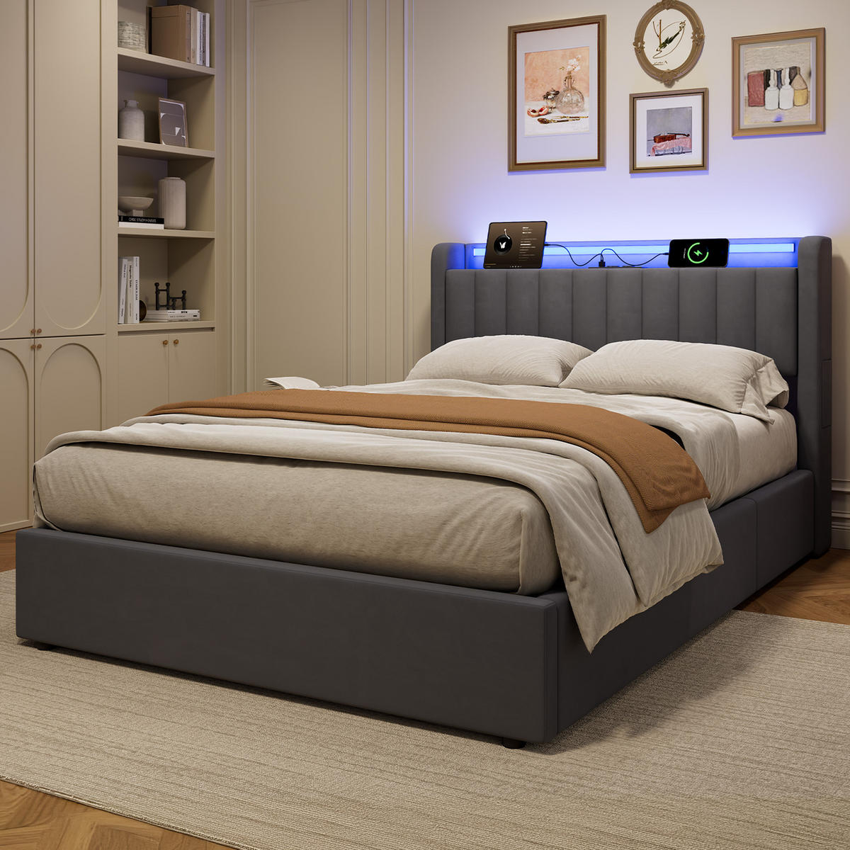 POLSTERBETT 140/190 cm in Dunkelgrau Samt mit Bettkasten und gepolstertes Kopfteil - Dunkelgrau, Holzwerkstoff/Textil (140/190cm) - CHICFURN