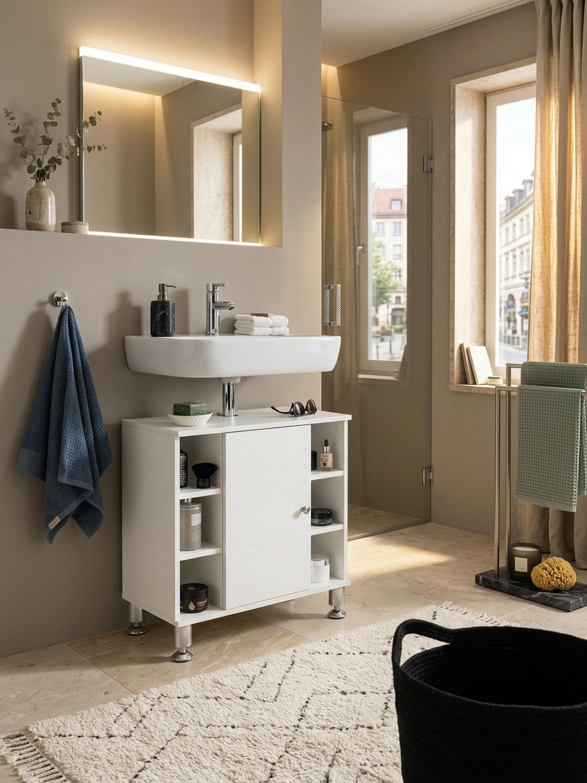 WASCHBECKENUNTERSCHRANK Weiß mit Chromdetails und justierbaren Füßen - Silberfarben/Weiß, Holz/Metall (60/64/32cm) - KADIMA DESIGN