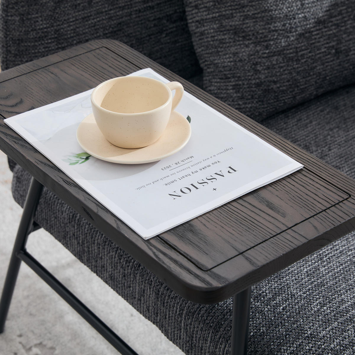 SESSEL mit Beistelltisch und Seitentaschen, Polstersessel Wohnzimmer, Dunkelgrau - Grau, Textil (64/71/64cm) - PARAFTA HOME