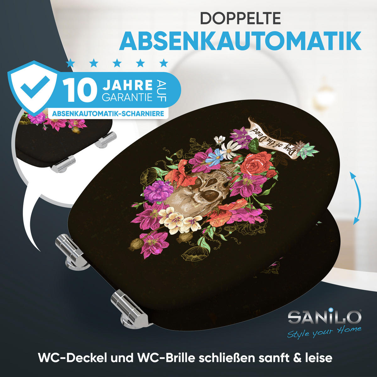 WC-SITZ Absenkautomatik Day of the Dead - Schwarz, Holzwerkstoff (38/6/47cm) - Sanilo