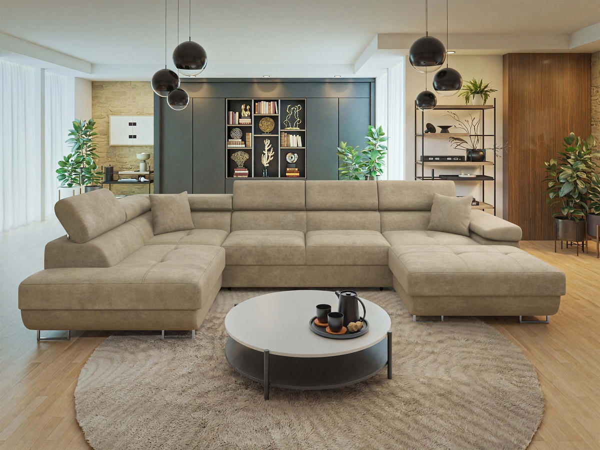 WOHNLANDSCHAFT Torezio Bis, Seite: Links - Sandfarben, Holz/Textil (346/90/203cm) - MIRJAN24