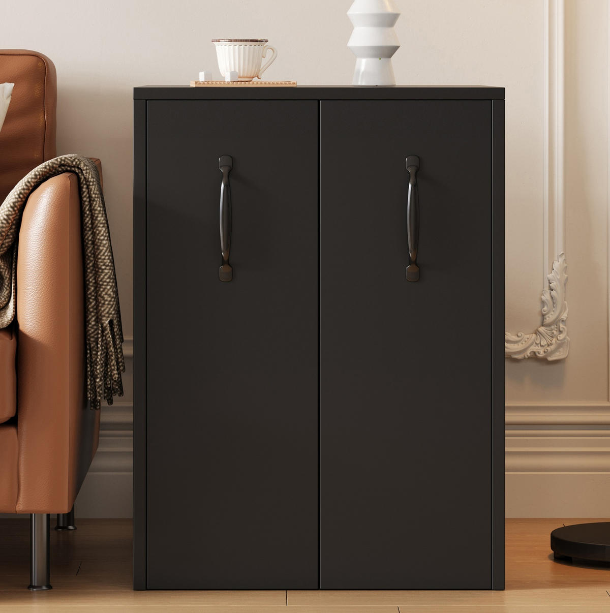 SIDEBOARD 52/50/75 cm mit Rollen und ausziehbaren Fächern in Schwarz - Schwarz, Holzwerkstoff (52/75/50cm) - BEAOK