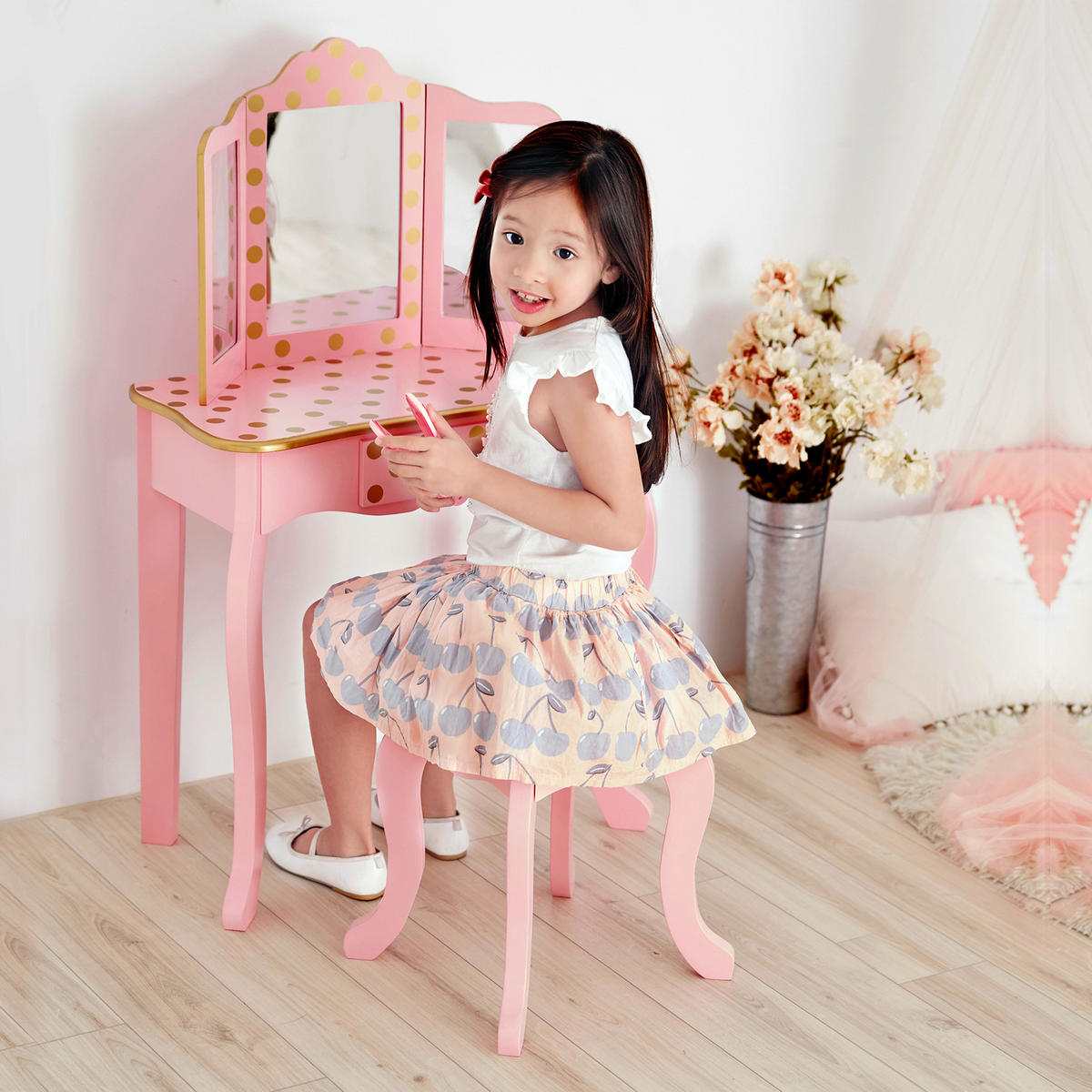 KINDER-SCHMINKTISCH mit Spiegel und Hocker, Rosa, 100cm - Pink, Holzwerkstoff (30/100/60cm) - Teamson Kids