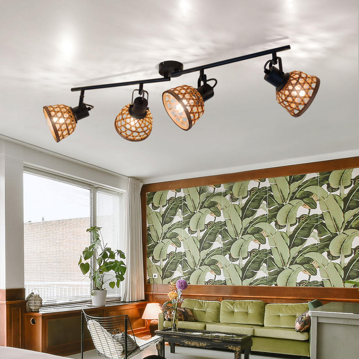 DECKENLEUCHTE Metall Bambus Schwarz WENNA - Braun, Holz (80/13/19cm) - Globo Lighting