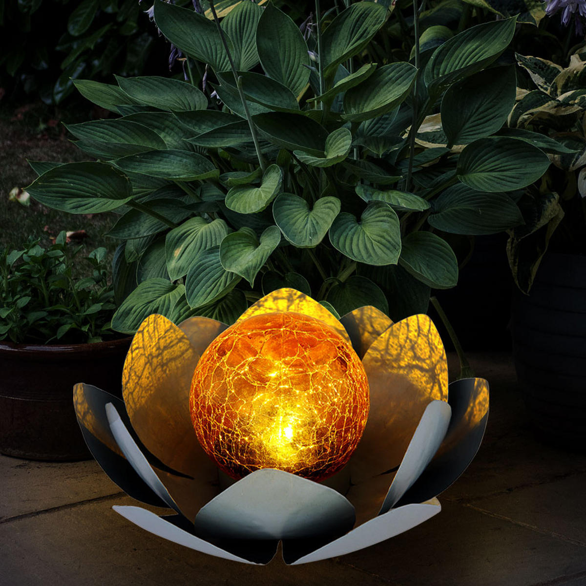 LED AUSSENLEUCHTE Silber Flammen- und Lotosblumen Design 2er Set - Silberfarben, Glas (12/11/26.5cm) - Globo Lighting