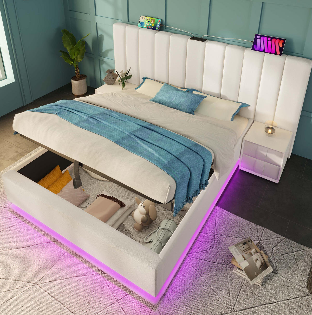 POLSTERBETT 180/200 cm Weiß aus PU mit LED und Ladefunktion - Weiß, Kunststoff (180/200cm) - OKMYHOME