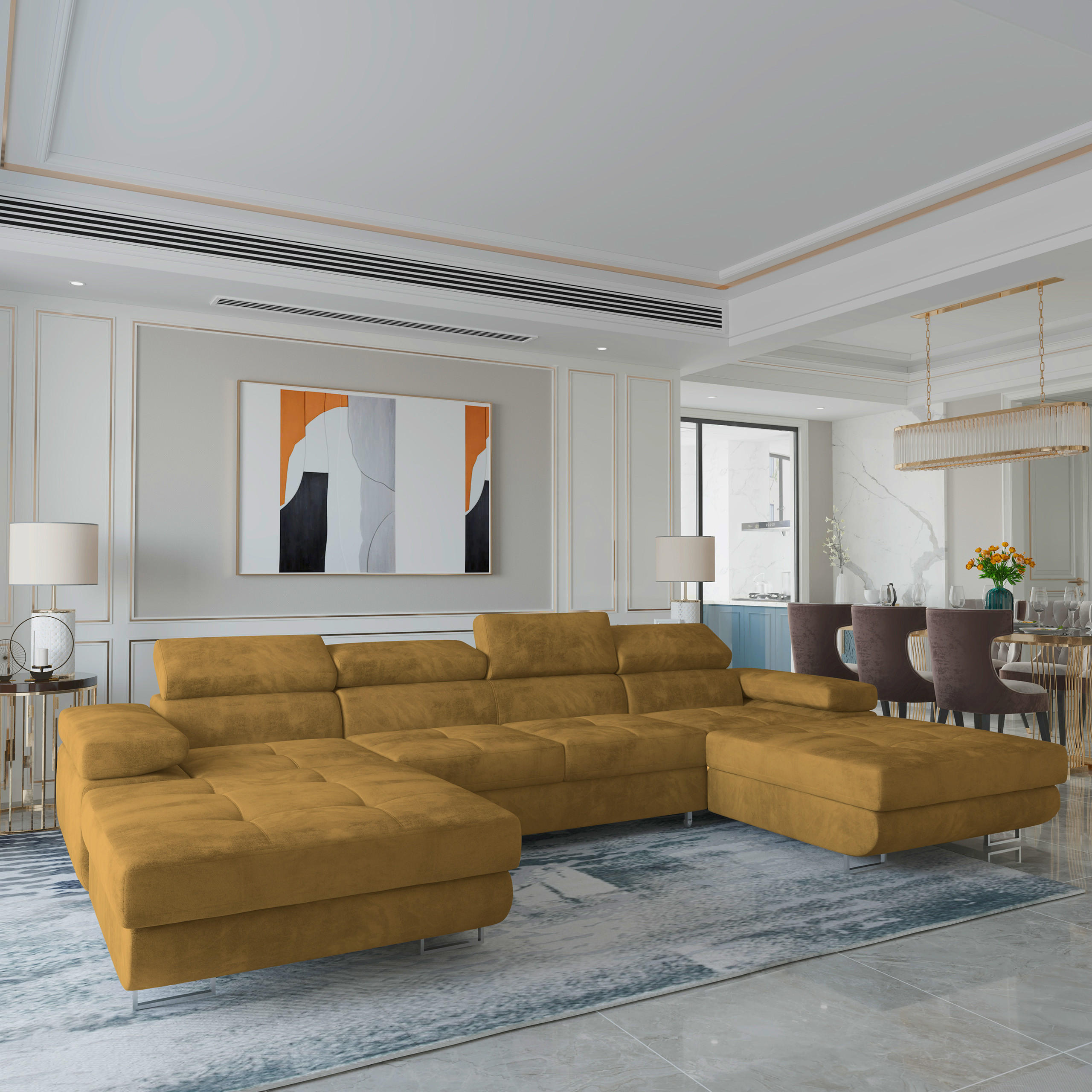 WOHNLANDSCHAFT LYKKE Gelb Velours-Stoff mit Schlaffunktion - Gelb, Holz (353/90/202cm) - MASSENO