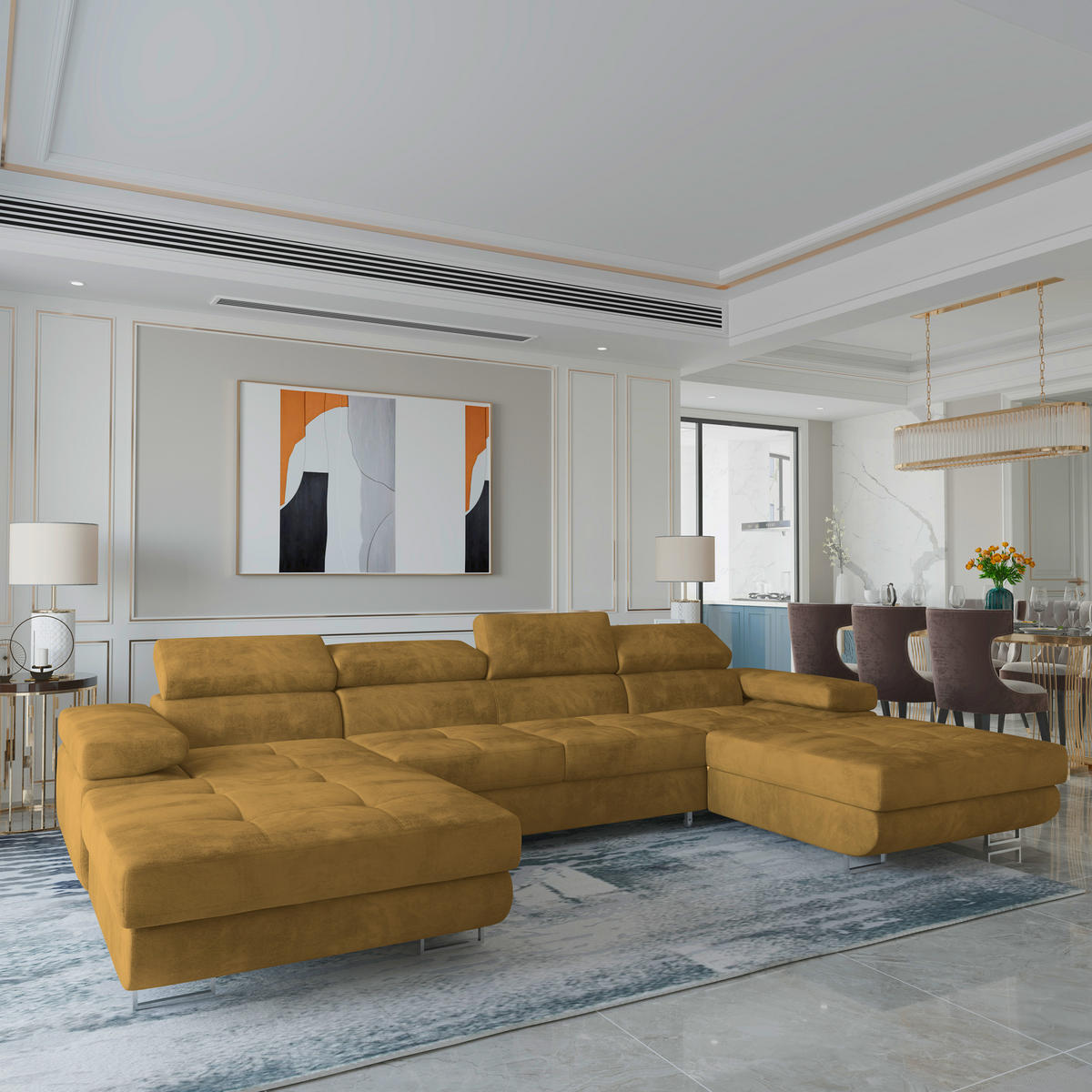 WOHNLANDSCHAFT LYKKE Gelb Velours-Stoff mit Schlaffunktion - Gelb, Holz (353/90/202cm) - MASSENO