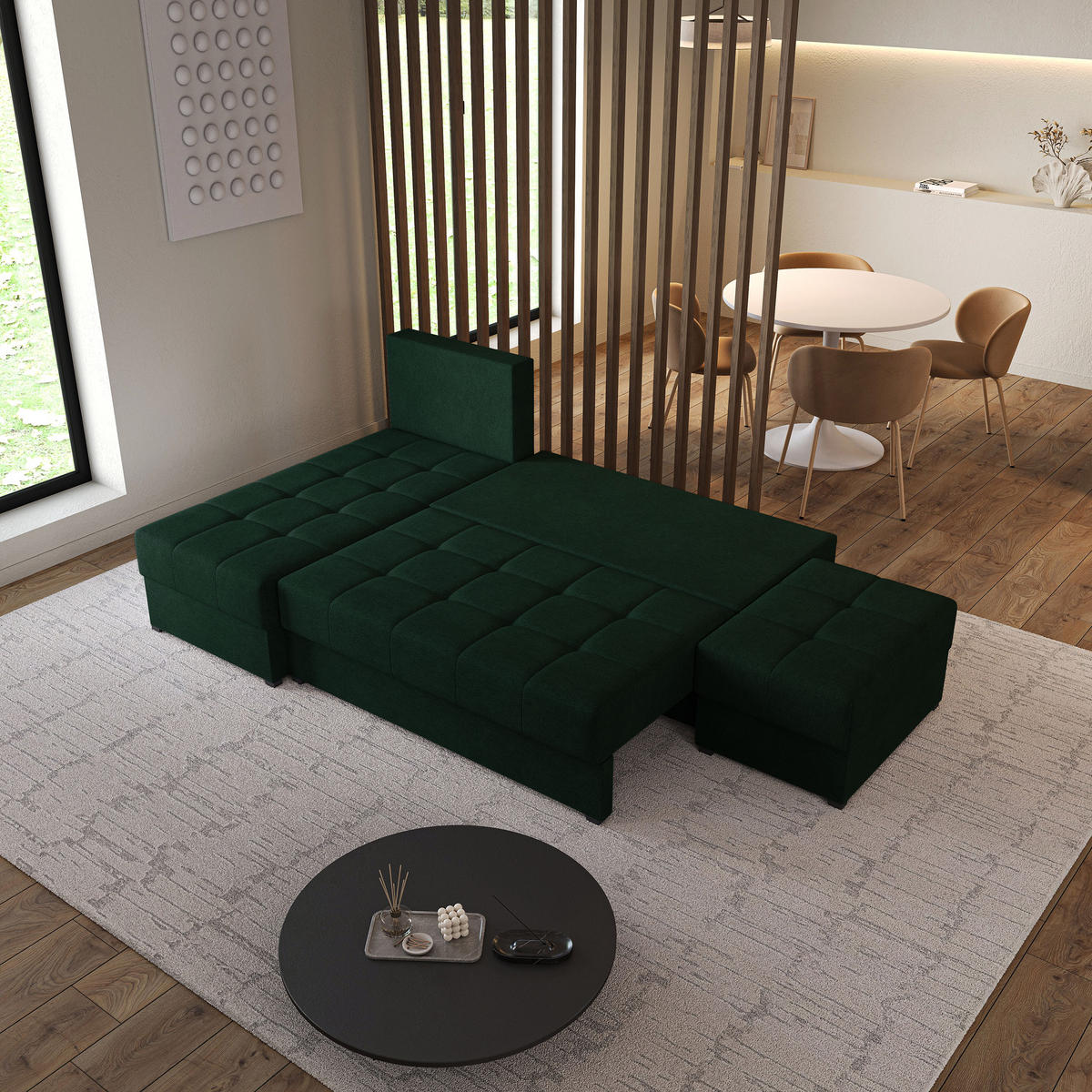 ECKSOFA NORVI Grün Geflochtener Stoff mit Schlaffunktion - Grün, Holz (251/143cm) - MASSENO