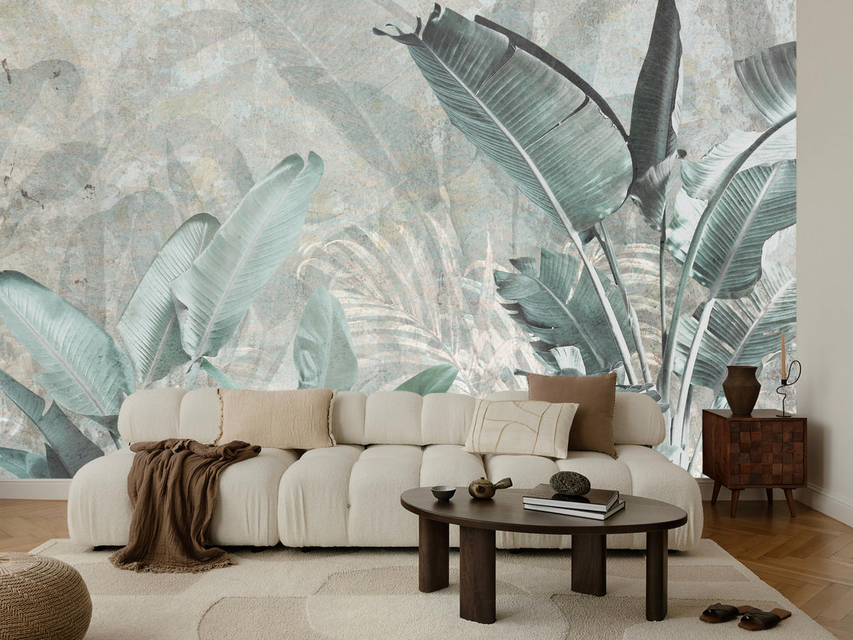 FOTOTAPETE für Küche Beton Bananenblätter Abstrakt Pflanzen Vintage 350x256 - Beige/Grau, Papier (350/256cm) - Muralo