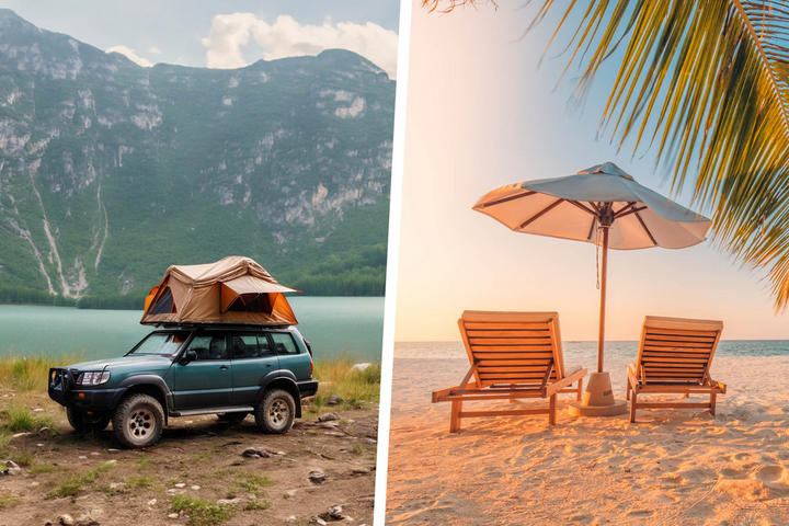 Ein Auto und ein Strand mit Zelt und Sonnenschirm, repräsentieren Optionen für Pauschal- oder Individualreisen.