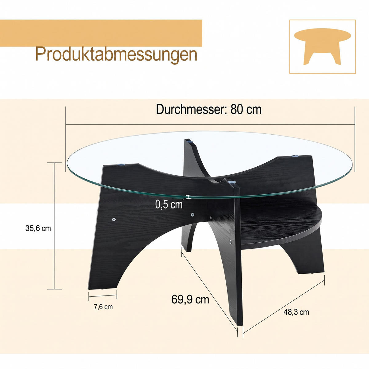 BEISTELLTISCH Rund Schwarz/Transparent Sicherheitsglas Ø 80 cm - Transparent/Schwarz, Glas/Holzwerkstoff (80/80/36cm)