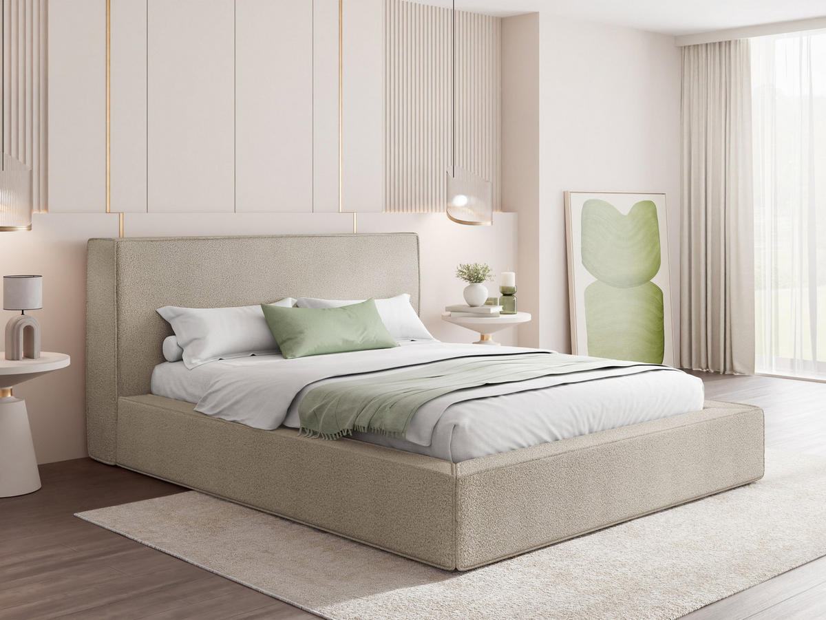 POLSTERBETT Merlin mit Bettkasten, Metall-Lattenrost & hohem Kopfteil in Beige Boucle 140x200 cm - Beige/Birkefarben, Kunststoff/Textil (140/200cm) - WFL GROUP