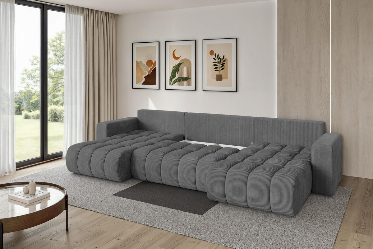 SEDACÍ SOUPRAVA DO U s funkcí spaní a úložným prostorem MILA-U-v1 378x194x86 tmavě šedá manšestr - černá/tmavě šedá, kompozitní dřevo/textil (378/86/194cm) - ALTDECOR