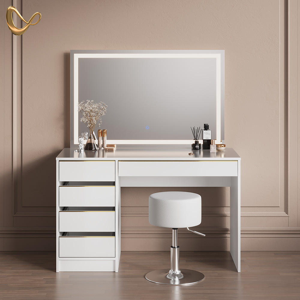 SCHMINKTISCH Imola Weiß/Gold mit LED-Spiegel und Hocker - Goldfarben/Weiß, Holzwerkstoff (120/75/55cm) - Livinity®