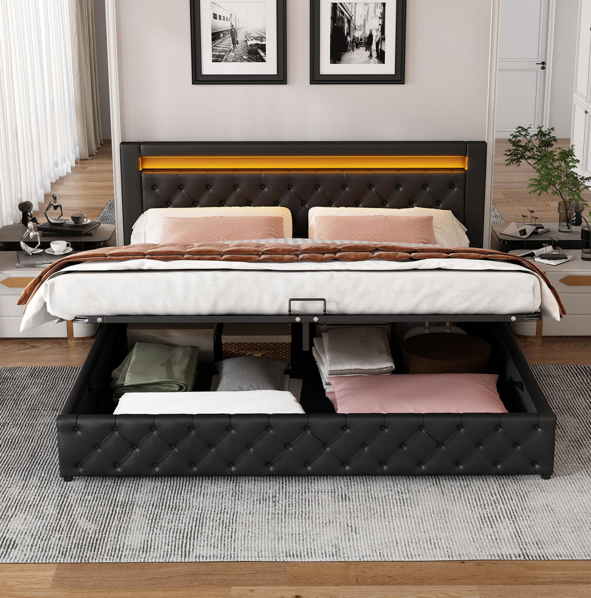 POLSTERBETT mit Bettkasten und LED 160x200 cm PU Schwarz - Schwarz, Metall (160/200cm) - Beauniv